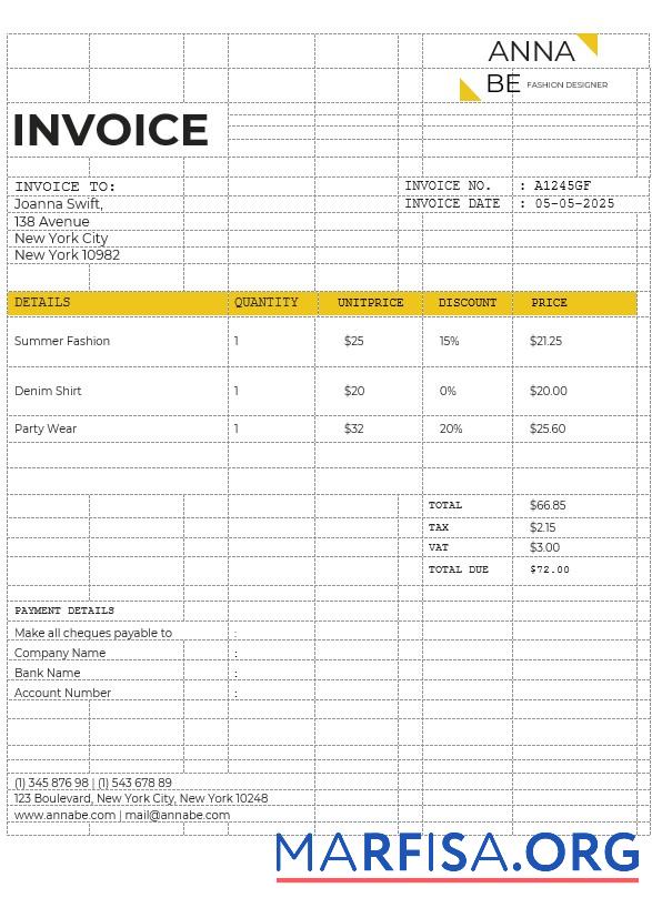 Downloadable Fashion Designer Invoice Template